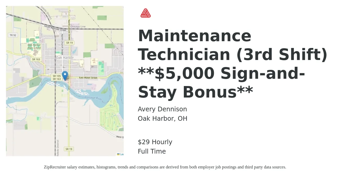 Avery Dennison job posting for a Maintenance Technician (3rd Shift) **$5,000 Sign-and-Stay Bonus** in Oak Harbor, OH with a salary of $31 Hourly with a map of Oak Harbor location.
