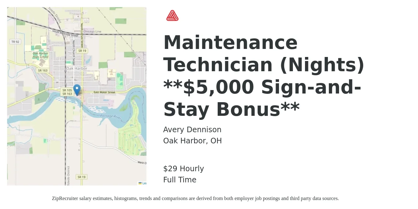 Avery Dennison job posting for a Maintenance Technician (Nights) **$5,000 Sign-and-Stay Bonus** in Oak Harbor, OH with a salary of $31 Hourly with a map of Oak Harbor location.