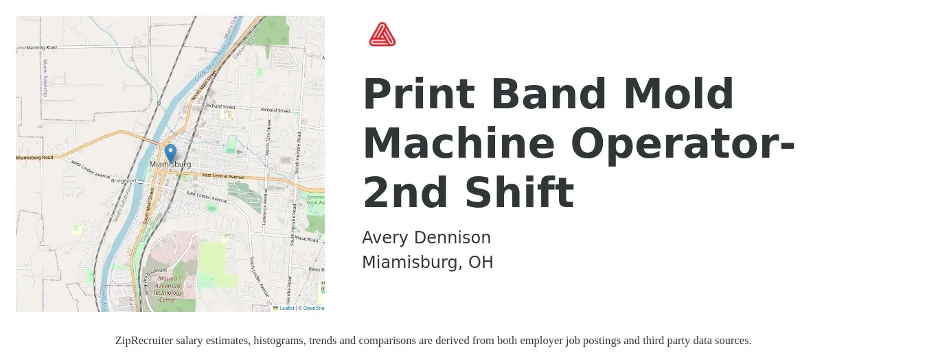 Avery Dennison job posting for a Print Band Mold Machine Operator-2nd Shift in Miamisburg, OH with a salary of $14 to $18 Hourly with a map of Miamisburg location.