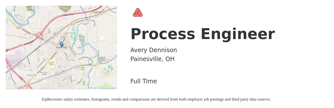 Avery Dennison job posting for a Process Engineer in Painesville, OH with a salary of $65,000 to $89,800 Yearly with a map of Painesville location.
