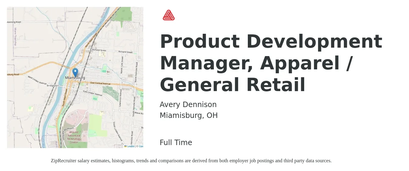 Avery Dennison job posting for a Product Development Manager, Apparel / General Retail in Miamisburg, OH with a salary of $102,700 to $128,300 Yearly with a map of Miamisburg location.