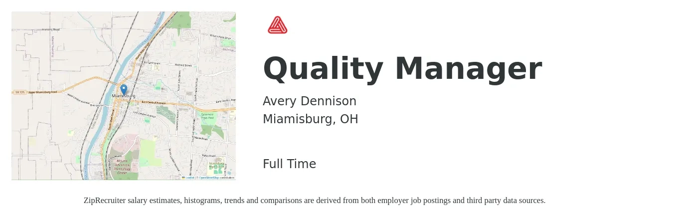 Avery Dennison job posting for a Quality Manager in Miamisburg, OH with a salary of $63,300 to $98,700 Yearly with a map of Miamisburg location.