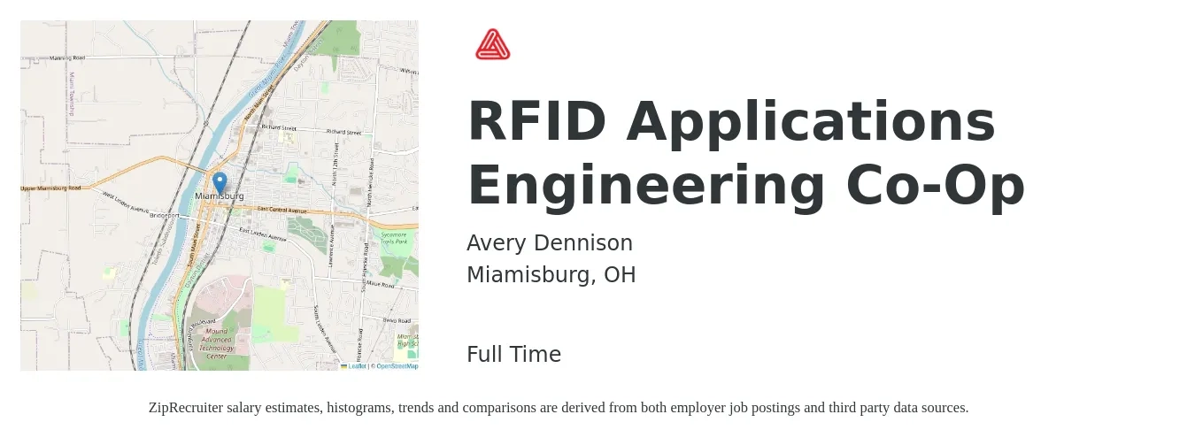 Avery Dennison job posting for a RFID Applications Engineering Co-Op in Miamisburg, OH with a salary of $109,000 to $135,900 Yearly with a map of Miamisburg location.