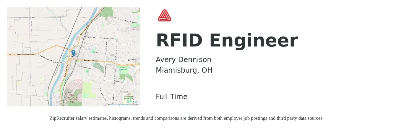 Avery Dennison job posting for a RFID Engineer in Miamisburg, OH with a salary of $75,400 to $104,500 Yearly with a map of Miamisburg location.