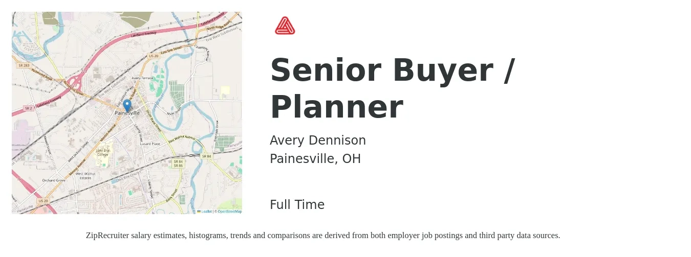 Avery Dennison job posting for a Senior Buyer / Planner in Painesville, OH with a salary of $49,700 to $68,400 Yearly with a map of Painesville location.