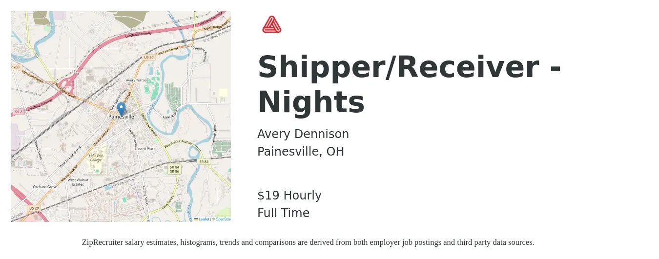 Avery Dennison job posting for a Shipper/Receiver - Nights in Painesville, OH with a salary of $21 Hourly with a map of Painesville location.