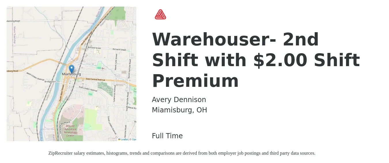 Avery Dennison job posting for a Warehouser- 2nd Shift with $2.00 Shift Premium in Miamisburg, OH with a salary of $14 to $18 Hourly with a map of Miamisburg location.