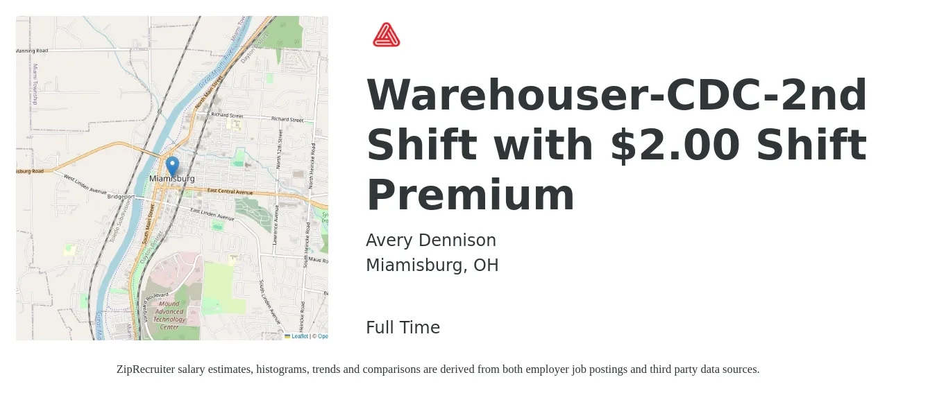 Avery Dennison job posting for a Warehouser-CDC-2nd Shift with $2.00 Shift Premium in Miamisburg, OH with a salary of $14 to $18 Hourly with a map of Miamisburg location.