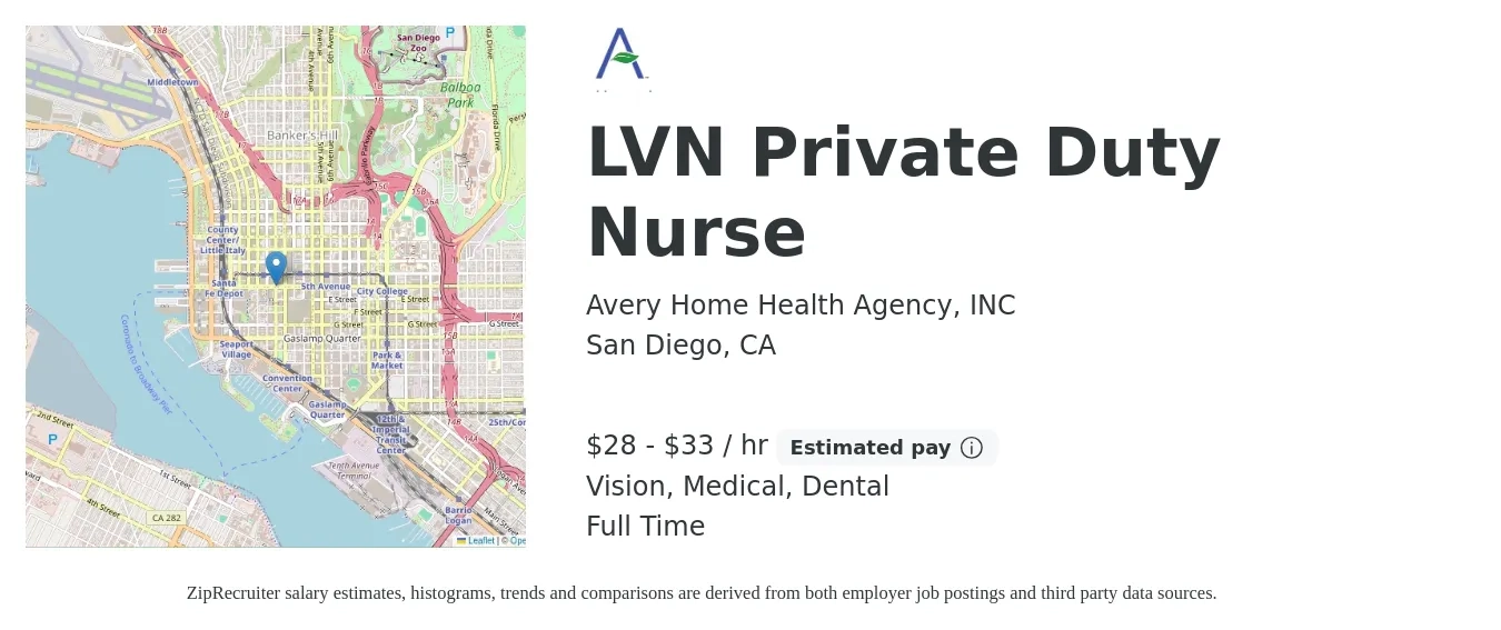 Avery Home Health Agency, INC job posting for a LVN Private Duty Nurse in San Diego, CA with a salary of $30 to $35 Hourly and benefits including dental, medical, retirement, and vision with a map of San Diego location.