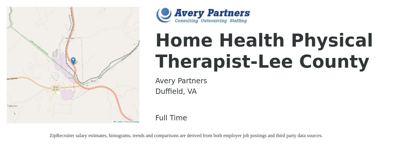 Avery Partners job posting for a Home Health Physical Therapist-Lee County in Duffield, VA with a salary of $42 to $54 Hourly with a map of Duffield location.