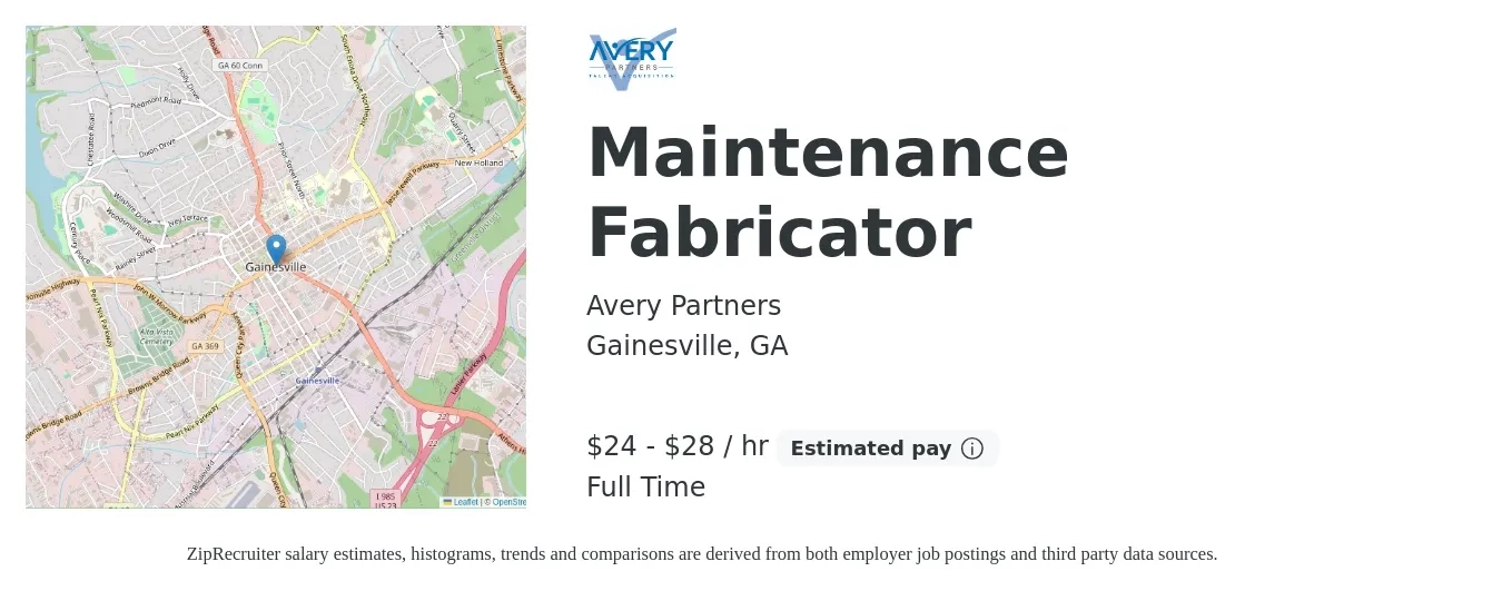 Avery Partners job posting for a Maintenance Fabricator in Gainesville, GA with a salary of $25 to $30 Hourly with a map of Gainesville location.