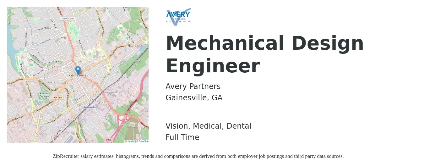Avery Partners job posting for a Mechanical Design Engineer in Gainesville, GA with a salary of $70,900 to $96,000 Yearly and benefits including vision, dental, medical, and pto with a map of Gainesville location.