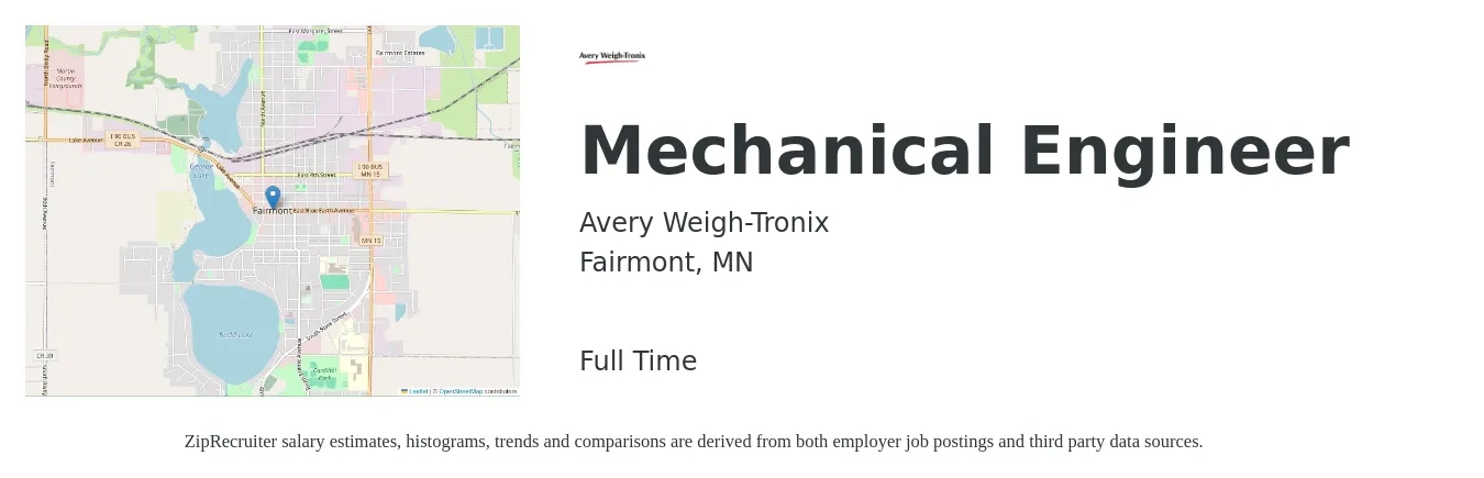 Avery Weigh-Tronix job posting for a Mechanical Engineer in Fairmont, MN with a salary of $81,400 to $126,300 Yearly with a map of Fairmont location.