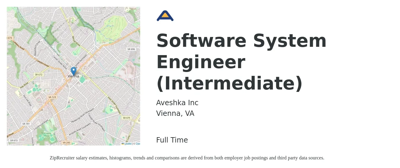 Aveshka Inc job posting for a Software System Engineer (Intermediate) in Vienna, VA with a salary of $173,600 to $205,800 Yearly with a map of Vienna location.