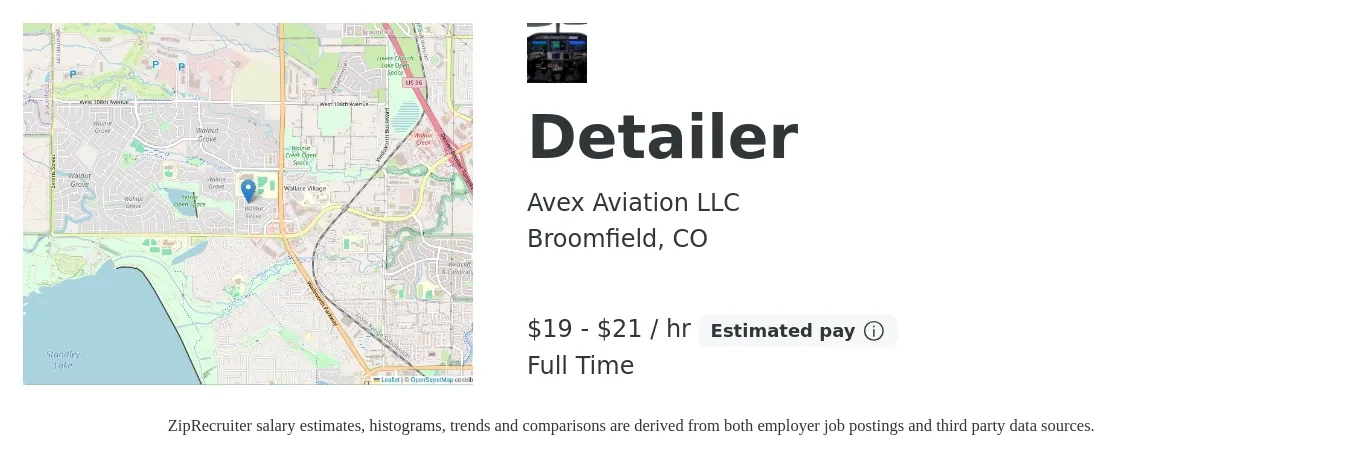 Avex Aviation LLC job posting for a Detailer in Broomfield, CO with a salary of $20 to $22 Hourly with a map of Broomfield location.