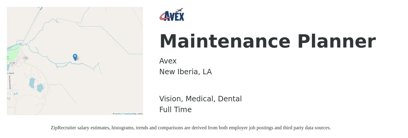 Avex job posting for a Maintenance Planner in New Iberia, LA with a salary of $23 to $36 Hourly and benefits including retirement, vision, dental, life_insurance, and medical with a map of New Iberia location.