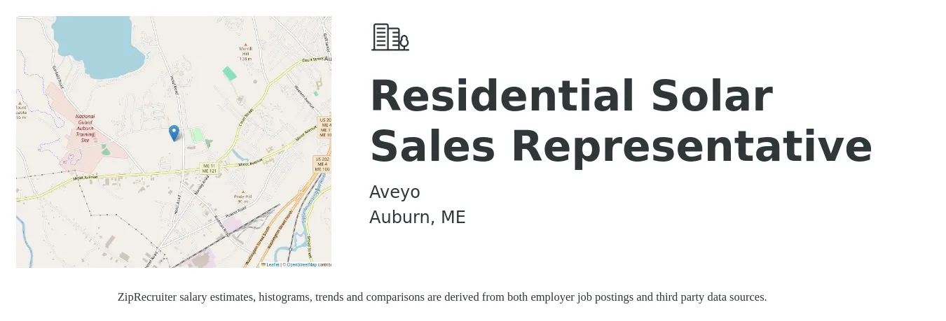Aveyo job posting for a Residential Solar Sales Representative in Auburn, ME with a salary of $80,000 to $140,000 Yearly with a map of Auburn location.