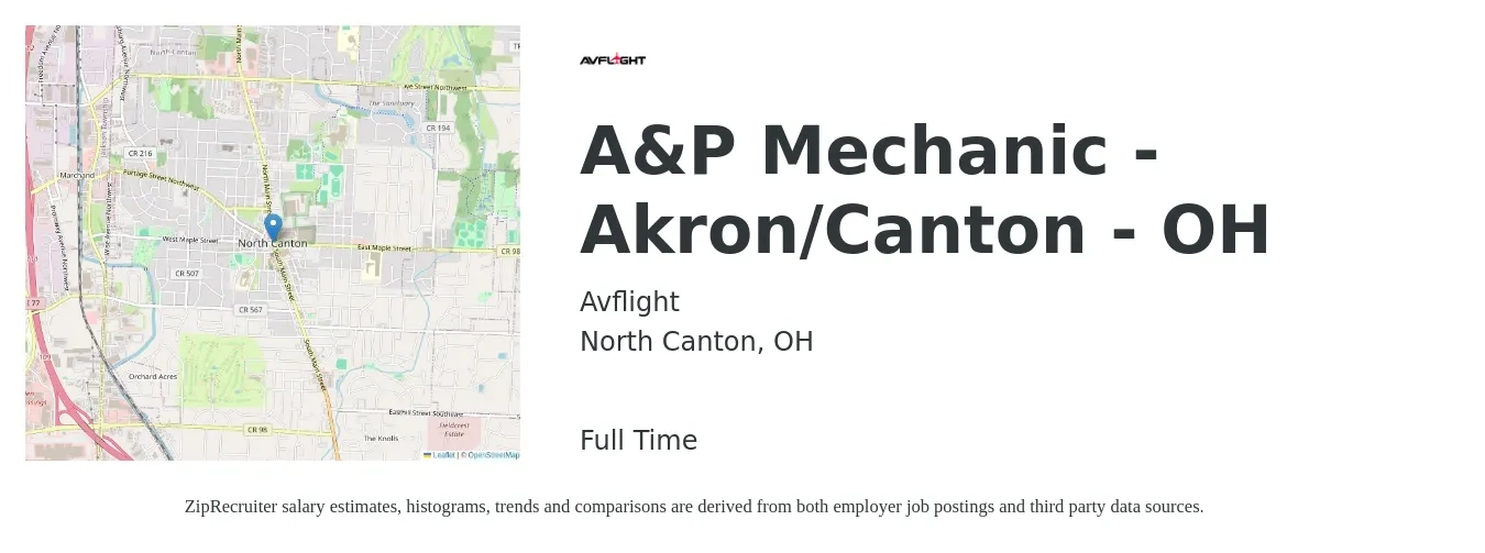 Avflight job posting for a A & P Mechanic - Akron/Canton - OH in North Canton, OH with a salary of $26 to $34 Hourly with a map of North Canton location.