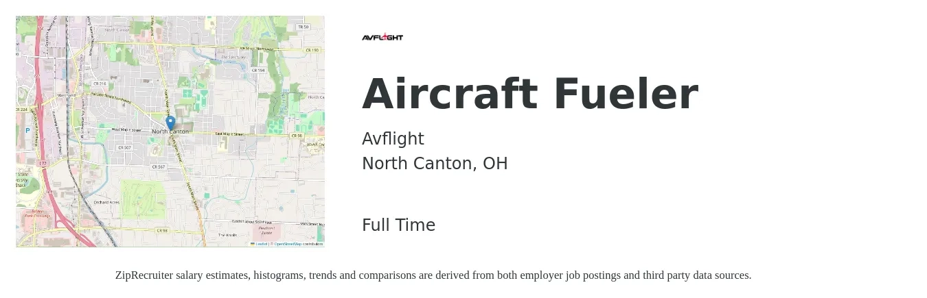 Avflight job posting for a Aircraft Fueler in North Canton, OH with a salary of $14 to $17 Hourly with a map of North Canton location.