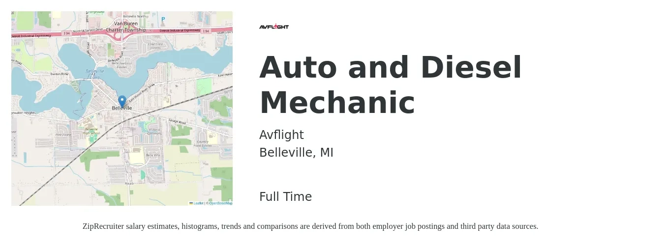 Avflight job posting for a Auto and Diesel Mechanic in Belleville, MI with a salary of $24 to $31 Hourly with a map of Belleville location.