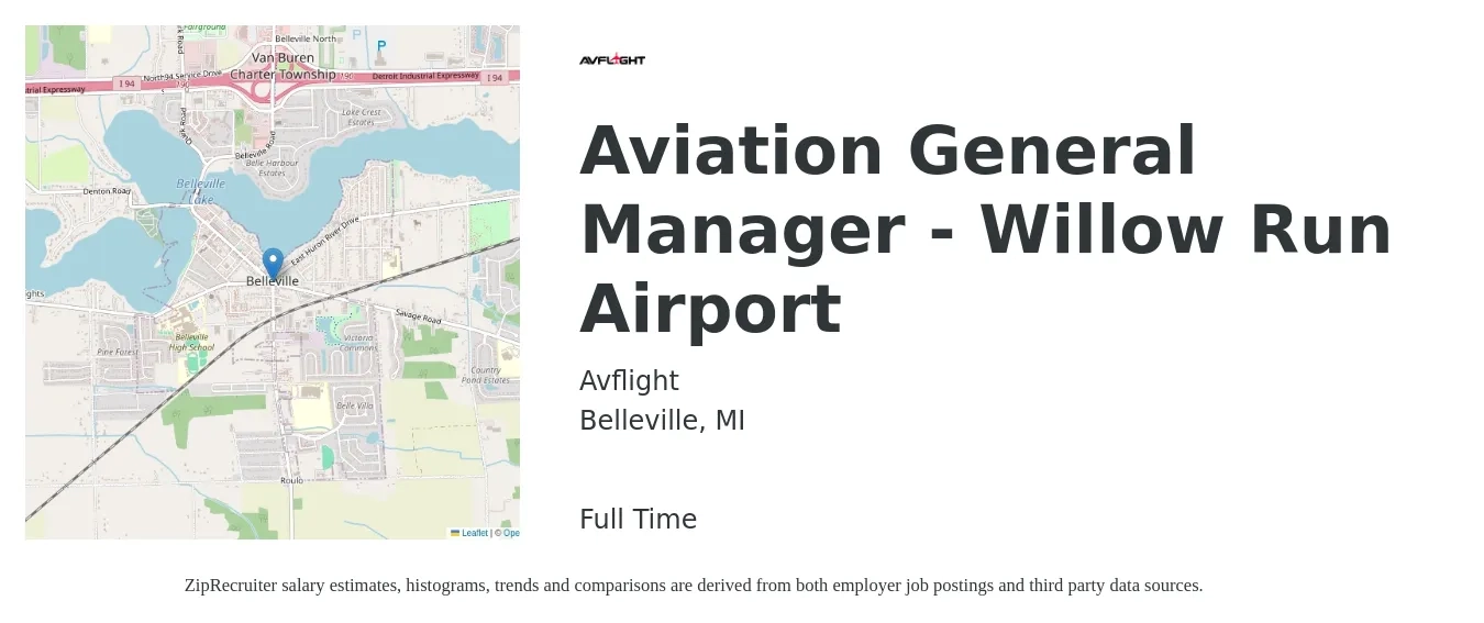 Avflight job posting for a Aviation General Manager - Willow Run Airport in Belleville, MI with a salary of $47,000 to $61,100 Yearly with a map of Belleville location.
