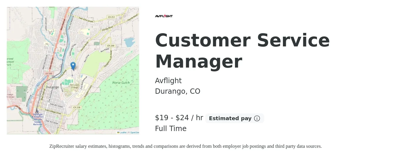 Avflight job posting for a Customer Service Manager in Durango, CO with a salary of $20 to $25 Hourly with a map of Durango location.