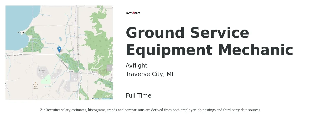 Avflight job posting for a Ground Service Equipment Mechanic in Traverse City, MI with a salary of $22 to $28 Hourly with a map of Traverse City location.