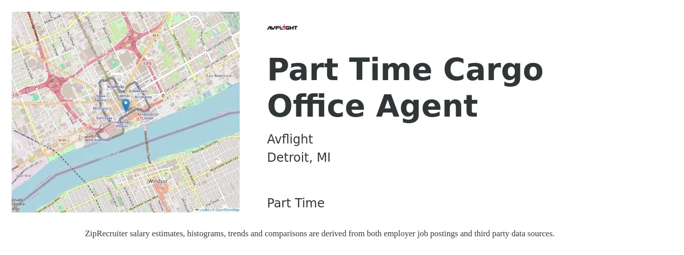Avflight job posting for a Part Time Cargo Office Agent in Detroit, MI with a salary of $16 to $21 Hourly with a map of Detroit location.