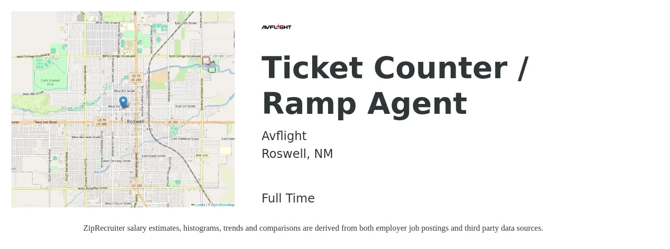 Avflight job posting for a Ticket Counter / Ramp Agent in Roswell, NM with a salary of $14 to $17 Hourly with a map of Roswell location.