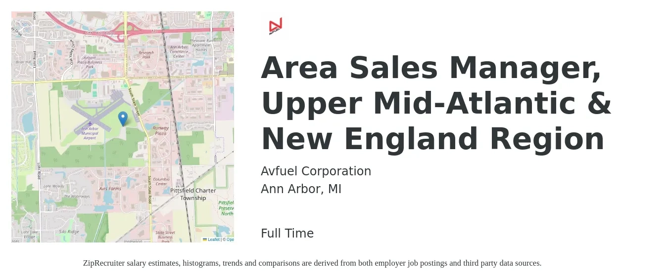 Avfuel Corporation job posting for a Area Sales Manager, Upper Mid-Atlantic & New England Region in Ann Arbor, MI with a salary of $71,600 to $111,800 Yearly with a map of Ann Arbor location.