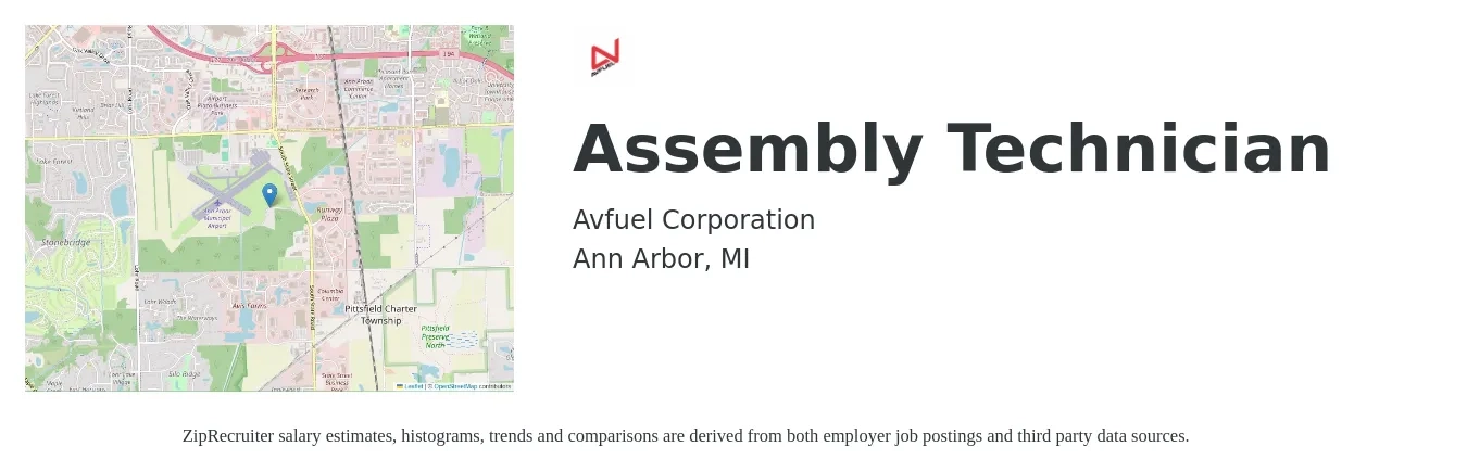 Avfuel Corporation job posting for a Assembly Technician in Ann Arbor, MI with a salary of $18 to $22 Hourly with a map of Ann Arbor location.