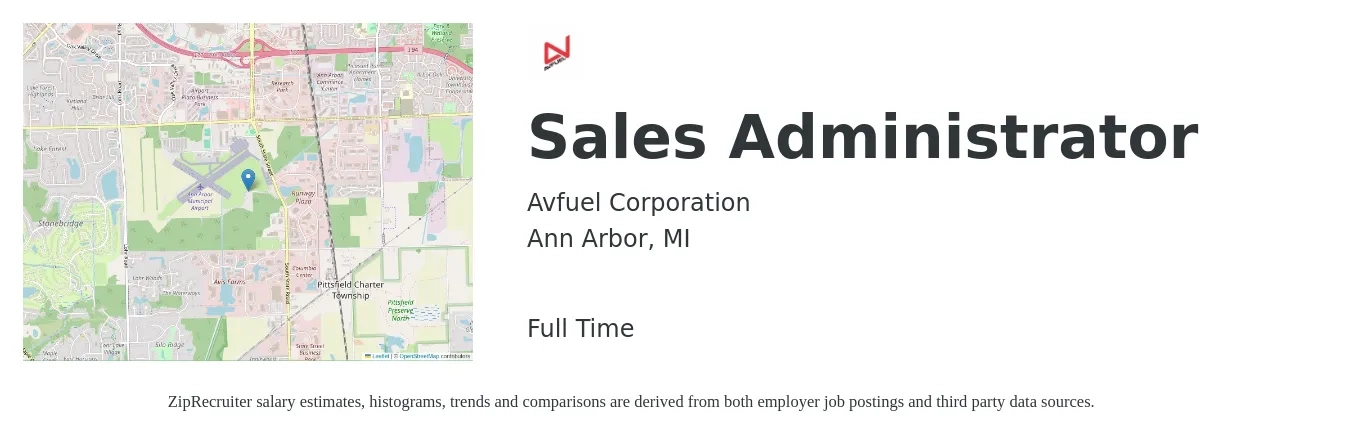 Avfuel Corporation job posting for a Sales Administrator in Ann Arbor, MI with a salary of $20 to $27 Hourly with a map of Ann Arbor location.