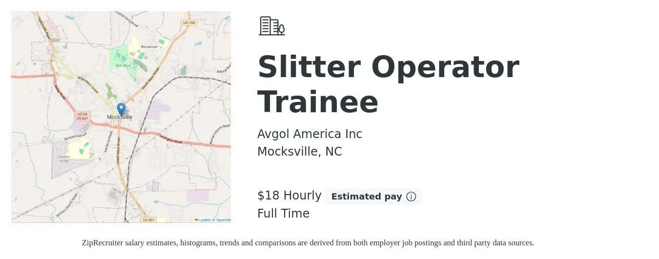 Avgol America Inc job posting for a Slitter Operator Trainee in Mocksville, NC with a salary of $19 Hourly with a map of Mocksville location.