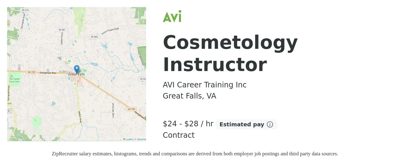 AVI Career Training Inc job posting for a Cosmetology Instructor in Great Falls, VA with a salary of $25 to $30 Hourly with a map of Great Falls location.