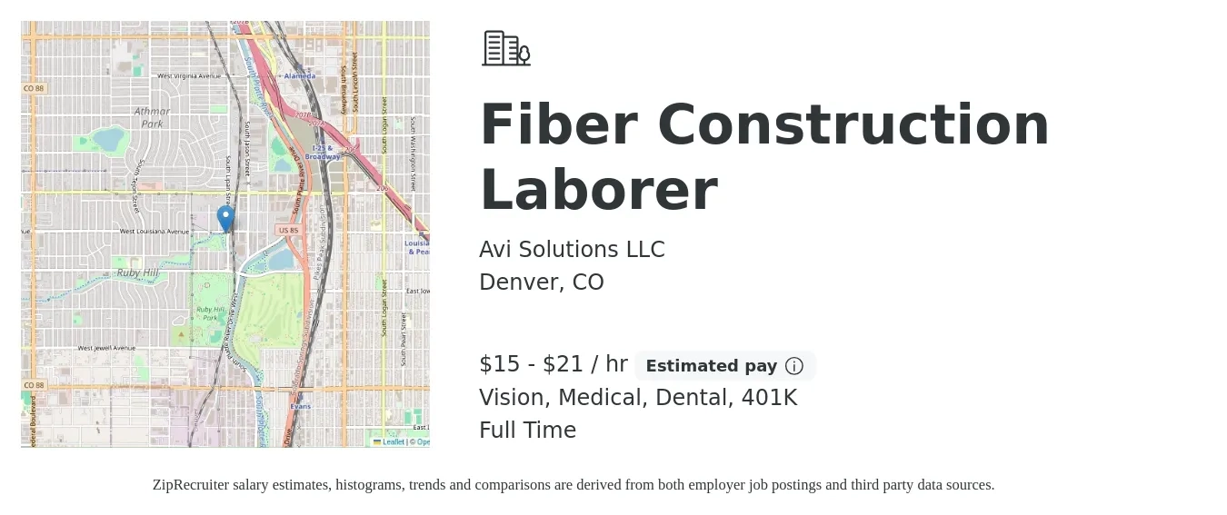 Avi Solutions LLC job posting for a Fiber Construction Laborer in Denver, CO with a salary of $16 to $22 Hourly (plus commission) and benefits including dental, medical, vision, and 401k with a map of Denver location.