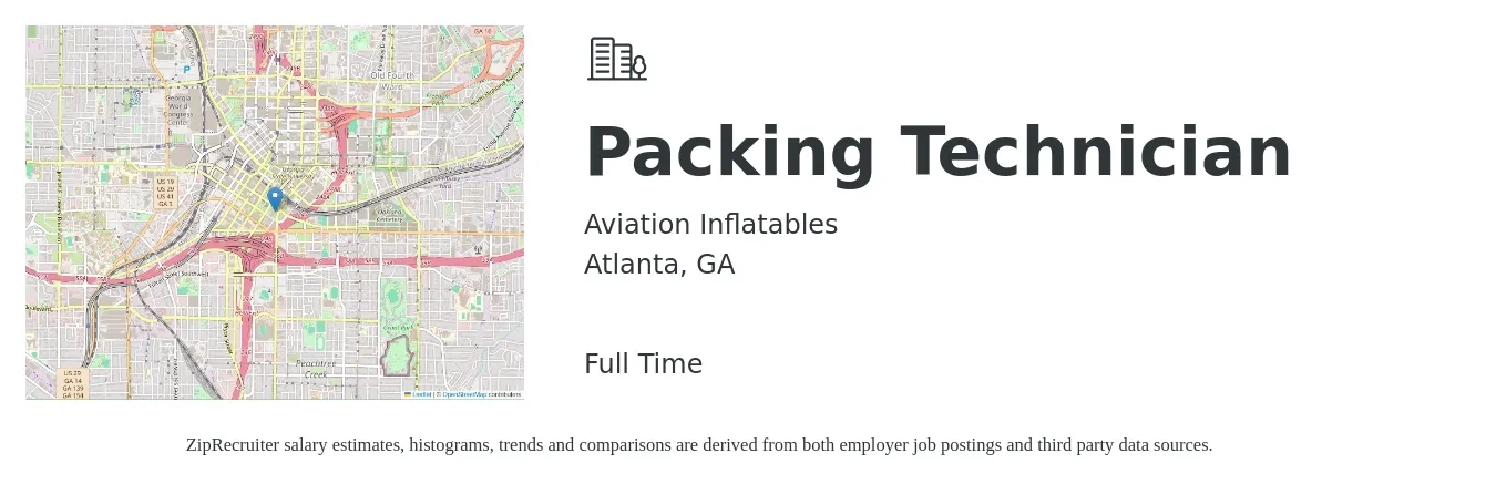 Aviation Inflatables job posting for a Packing Technician in Atlanta, GA with a salary of $16 to $20 Hourly with a map of Atlanta location.