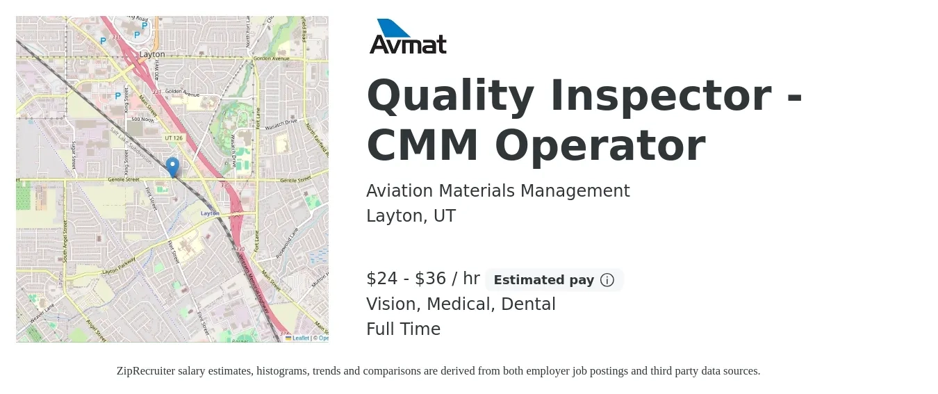 Aviation Materials Management job posting for a Quality Inspector - CMM Operator in Layton, UT with a salary of $25 to $38 Hourly and benefits including pto, vision, dental, life_insurance, and medical with a map of Layton location.