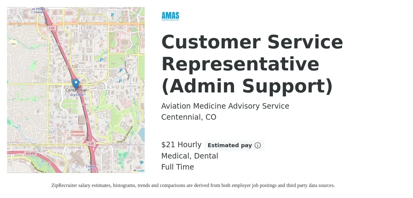 Aviation Medicine Advisory Service job posting for a Customer Service Representative (Admin Support) in Centennial, CO with a salary of $22 Hourly and benefits including dental, life_insurance, medical, and retirement with a map of Centennial location.