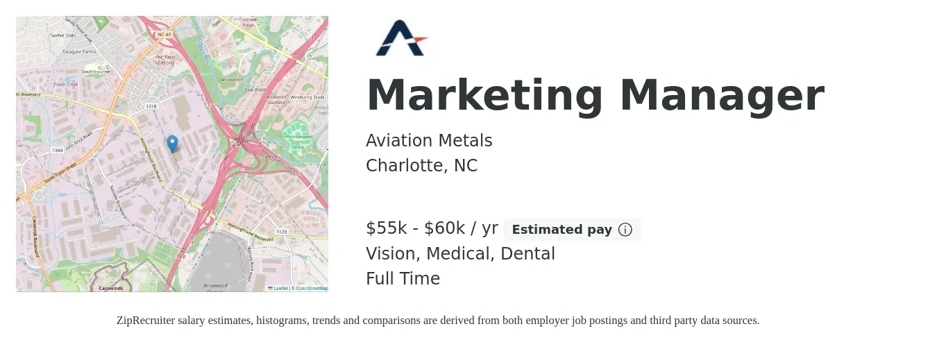 Aviation Metals job posting for a Marketing Manager in Charlotte, NC with a salary of $55,000 to $60,000 Yearly and benefits including dental, life_insurance, medical, pto, retirement, and vision with a map of Charlotte location.