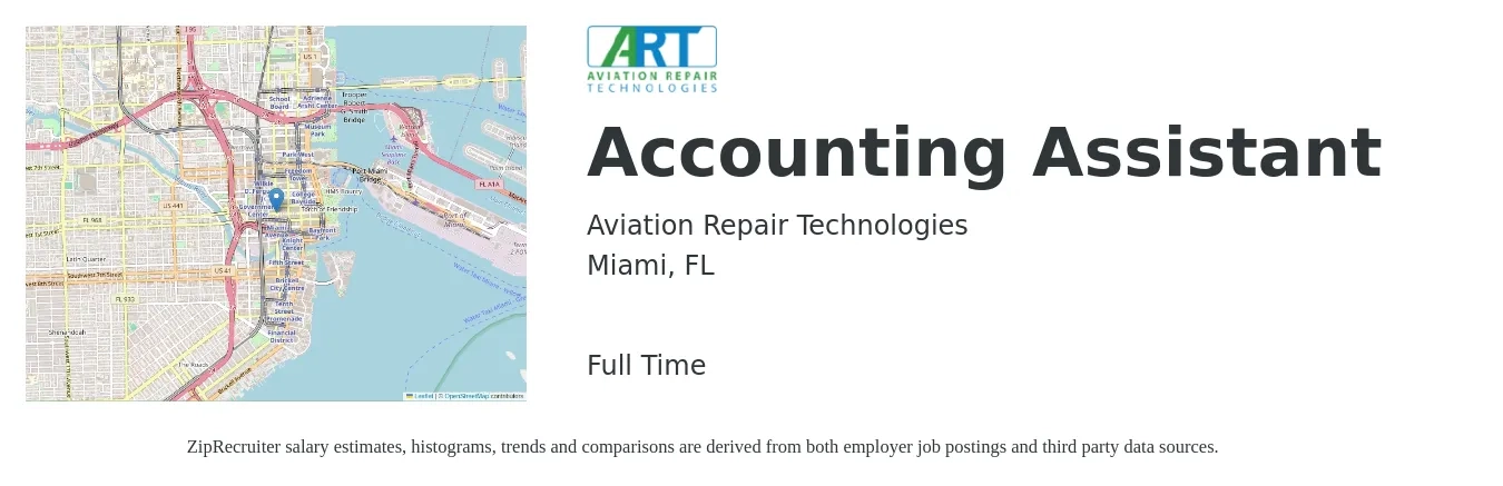Aviation Repair Technologies job posting for a Accounting Assistant in Miami, FL with a salary of $19 to $24 Hourly with a map of Miami location.