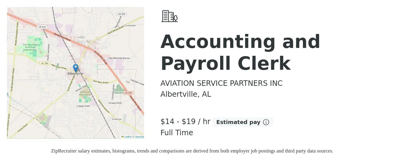AVIATION SERVICE PARTNERS INC job posting for a Accounting and Payroll Clerk in Albertville, AL with a salary of $15 to $20 Hourly with a map of Albertville location.