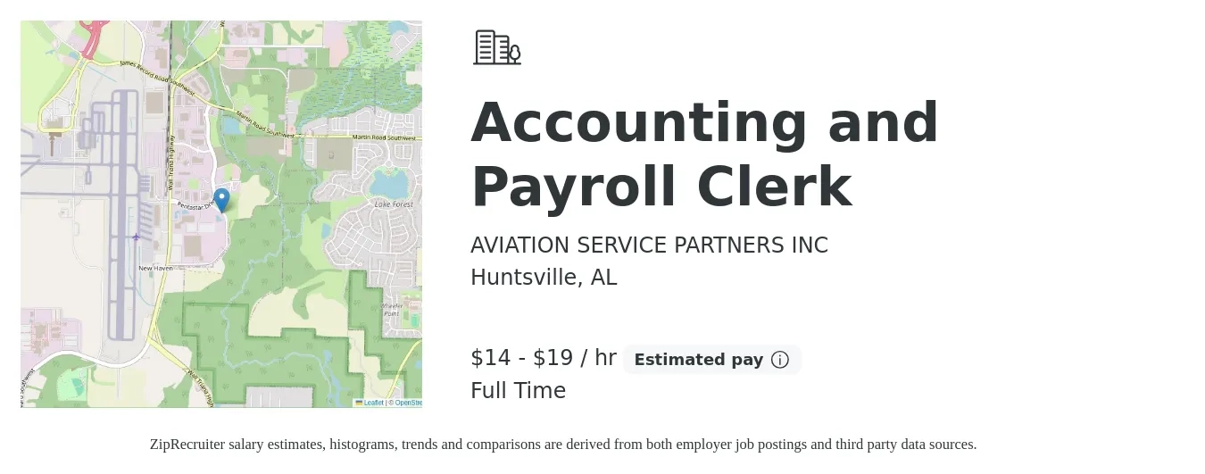 AVIATION SERVICE PARTNERS INC job posting for a Accounting and Payroll Clerk in Huntsville, AL with a salary of $15 to $20 Hourly with a map of Huntsville location.