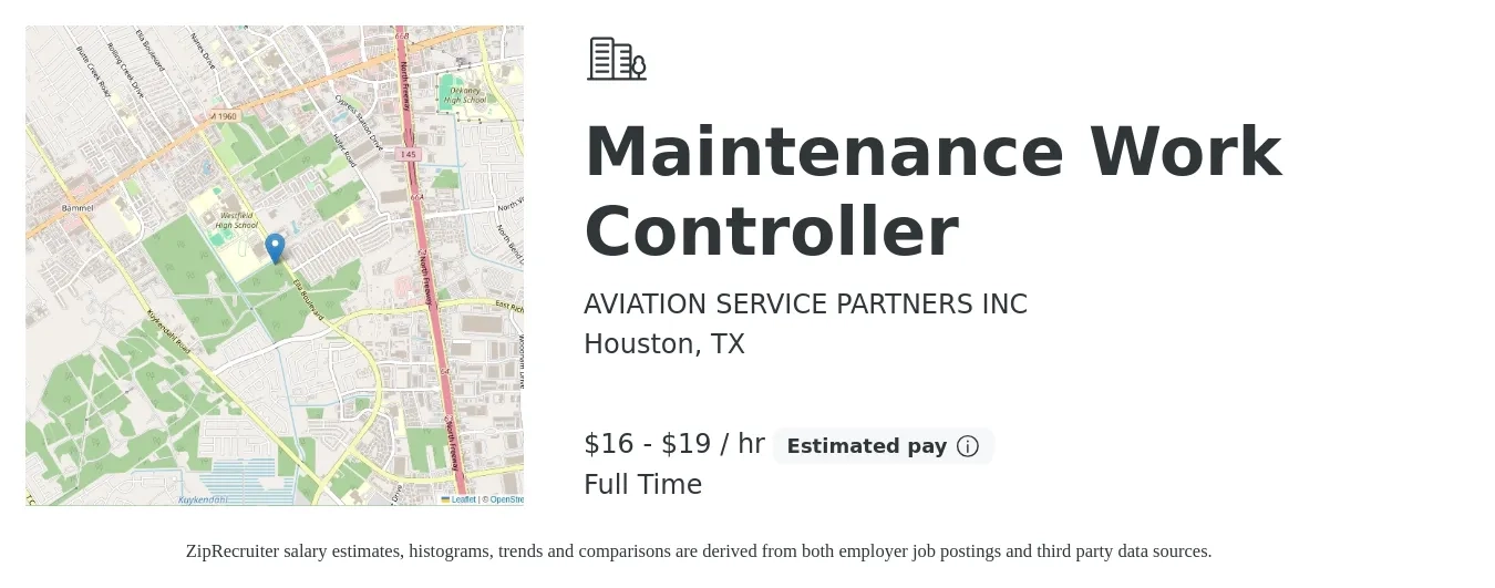 AVIATION SERVICE PARTNERS INC job posting for a Maintenance Work Controller in Houston, TX with a salary of $17 to $20 Hourly with a map of Houston location.