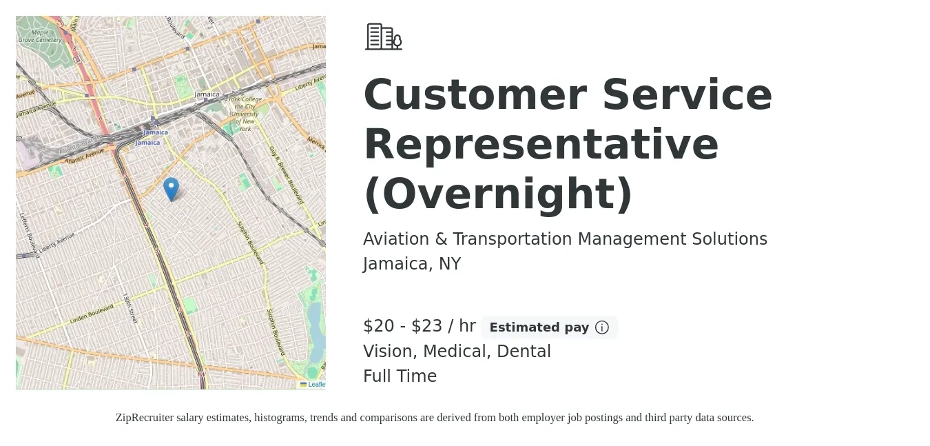 Aviation & Transportation Management Solutions job posting for a Customer Service Representative (Overnight) in Jamaica, NY with a salary of $21 to $24 Hourly and benefits including dental, life_insurance, medical, pto, retirement, and vision with a map of Jamaica location.