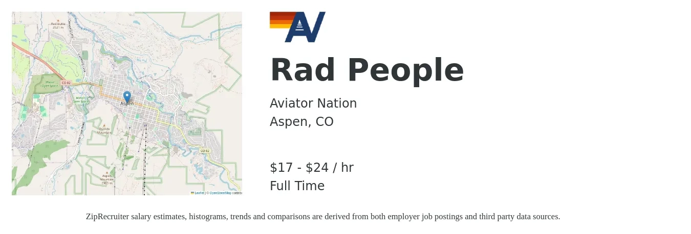 Aviator Nation job posting for a Rad People in Aspen, CO with a salary of $18 to $25 Hourly with a map of Aspen location.