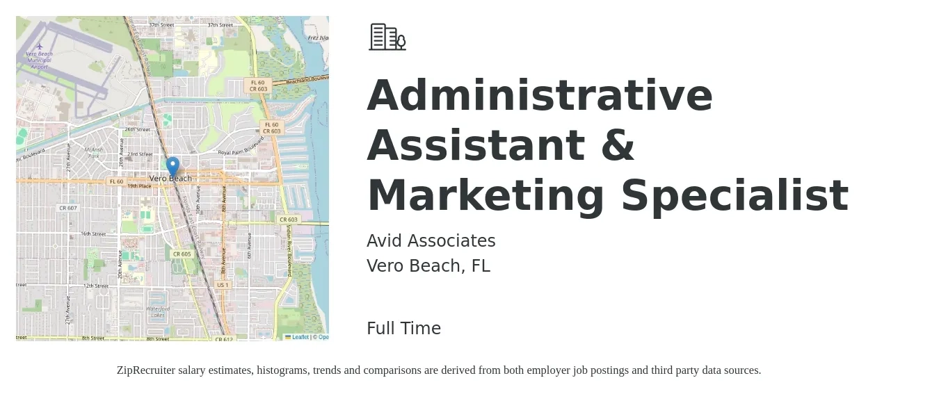 Avid Associates job posting for a Administrative Assistant & Marketing Specialist in Vero Beach, FL with a salary of $17 to $22 Hourly with a map of Vero Beach location.