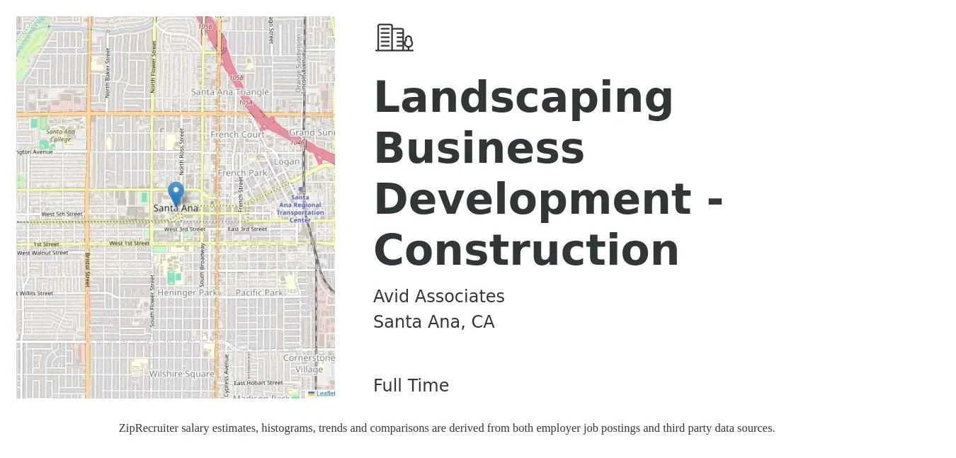 Avid Associates job posting for a Landscaping Business Development - Construction in Santa Ana, CA with a salary of $63,500 to $104,100 Yearly with a map of Santa Ana location.