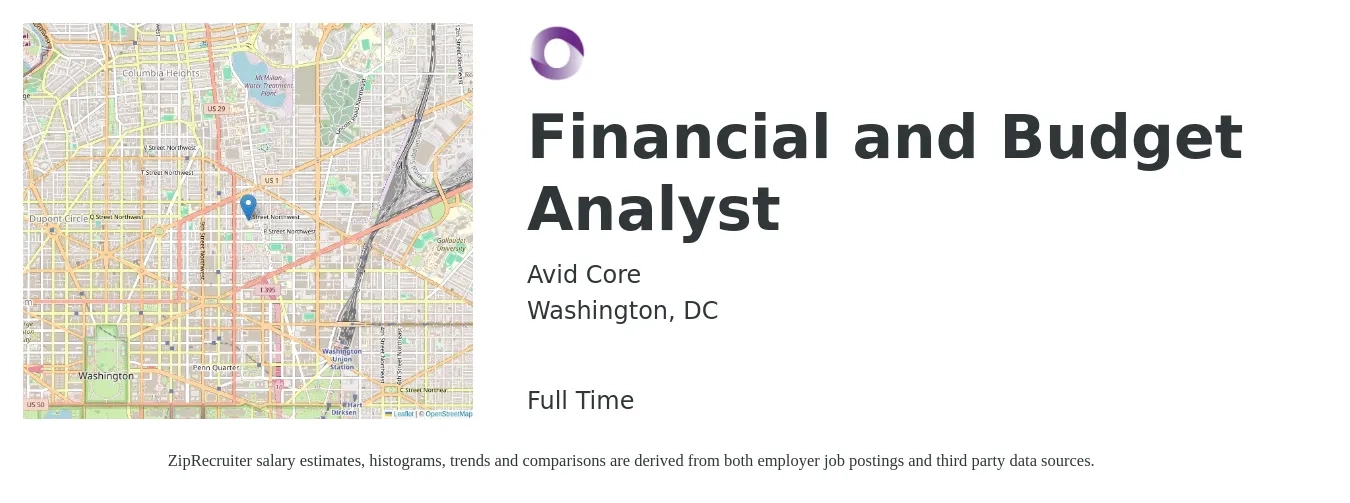 Avid Core job posting for a Financial and Budget Analyst in Washington, DC with a salary of $85,000 to $125,000 Yearly with a map of Washington location.