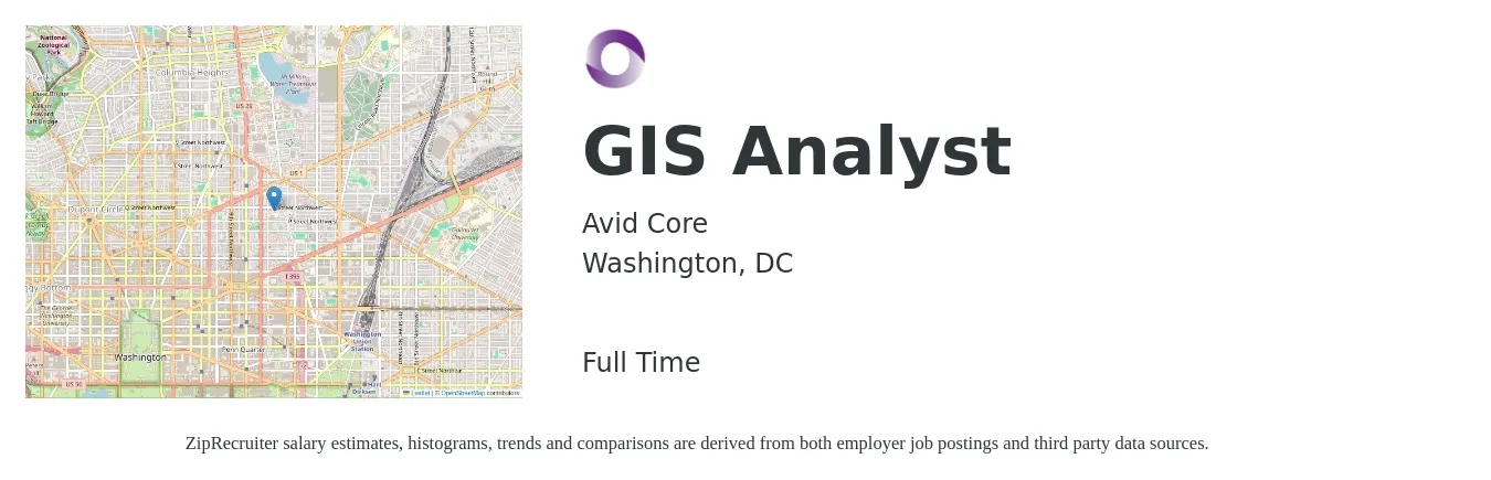Avid Core job posting for a GIS Analyst in Washington, DC with a salary of $80,000 to $125,000 Yearly with a map of Washington location.