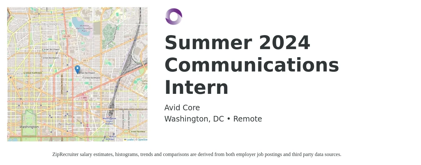 Avid Core job posting for a Summer 2024 Communications Intern in Washington, DC with a salary of $19 Hourly with a map of Washington location.